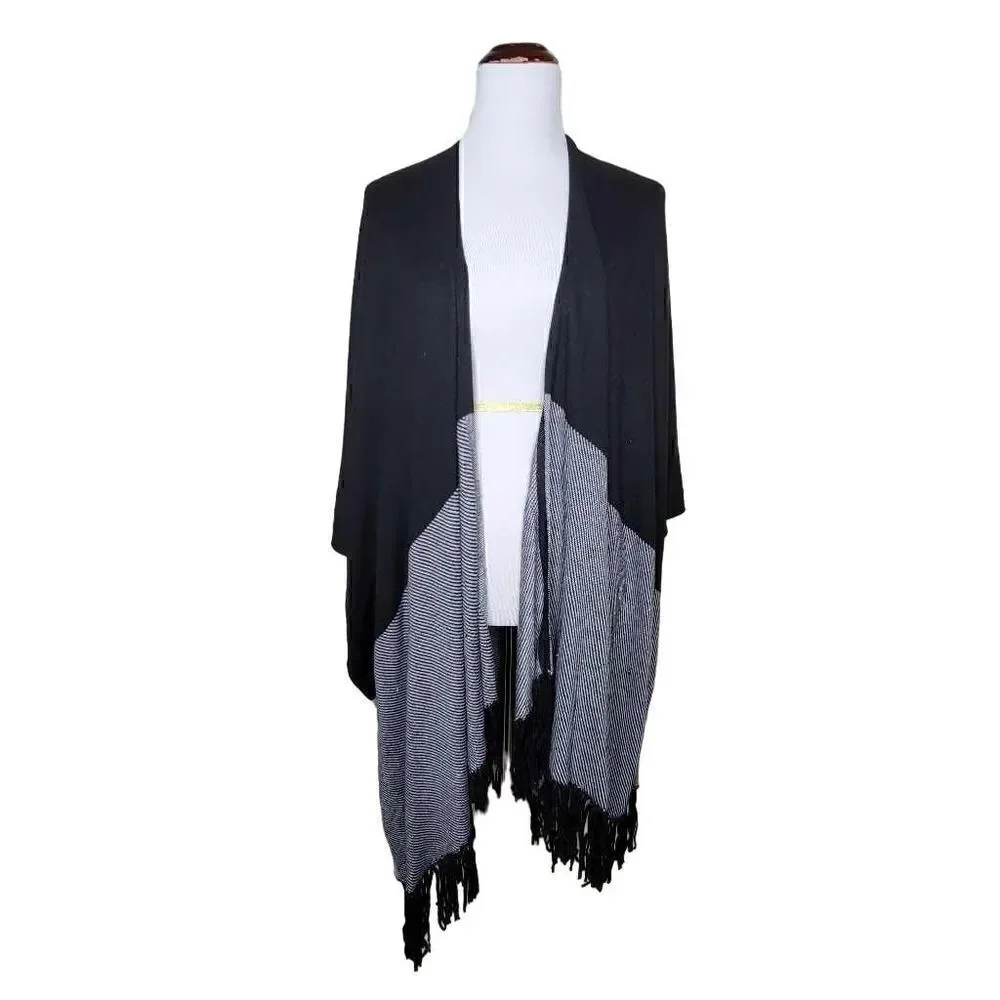 White House Black Market Wrap Stripe Fringe Ruana Black Gray Medium Large